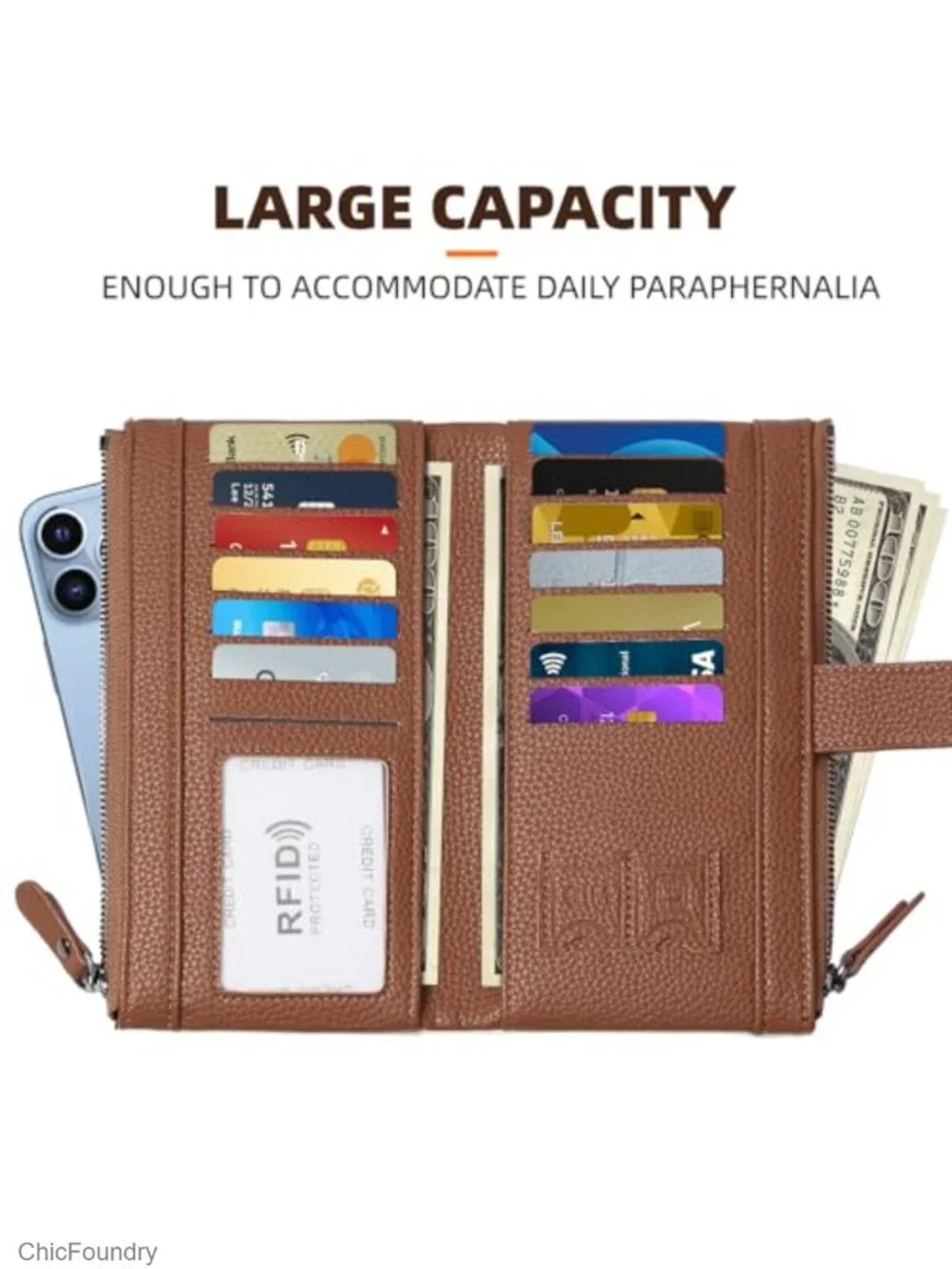 Women PU Leather Large Capacity RFID Blocking Bifold Wallet with Coin Pocket